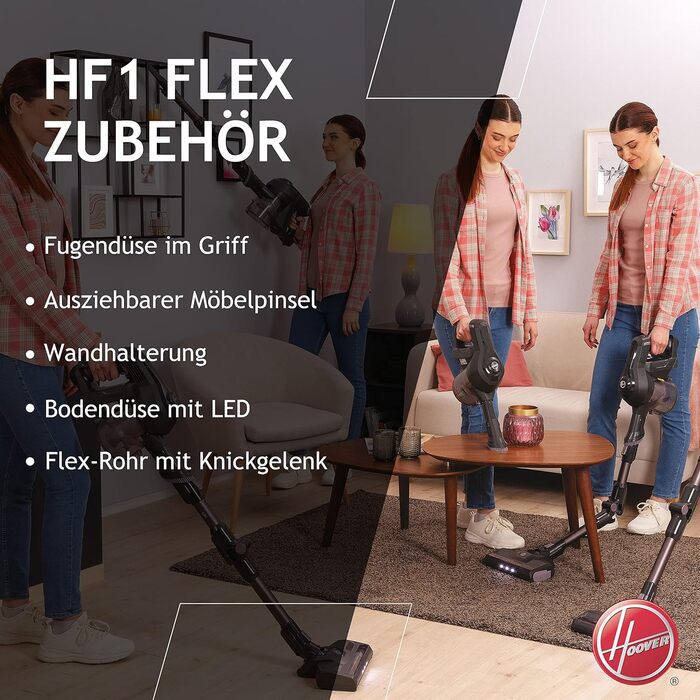 Бездротовий пилосос Hoover HF103X Flex без мішка, з гнучким з'єднанням, XL контейнер для пилу, до 120 м², насадка-щіточка та паркувальна функція