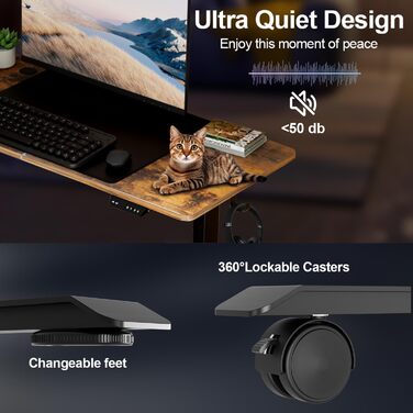 Електричний письмовий стіл Sonnewelt 140x60 см, регульований по висоті, з USB-A/C зарядкою, пам'яттю, захистом від зіткнень, гачком, колесами, мауспадом, вінтажний коричневий
