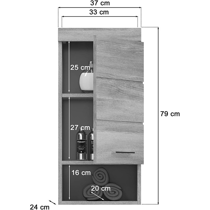 Навісна шафа для ванної кімнати homes&jones Soul, 37x79x24 см, ДСП, колір димчасте срібло