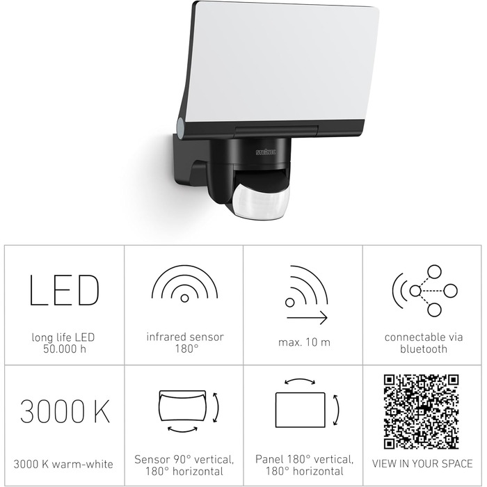 Світлодіодний прожектор Steinel XLED Home 2 S з датчиком руху та Bluetooth, поворотний, 13.7 Вт, 1550 Лм, 180°, 10 м, чорний, для вулиці