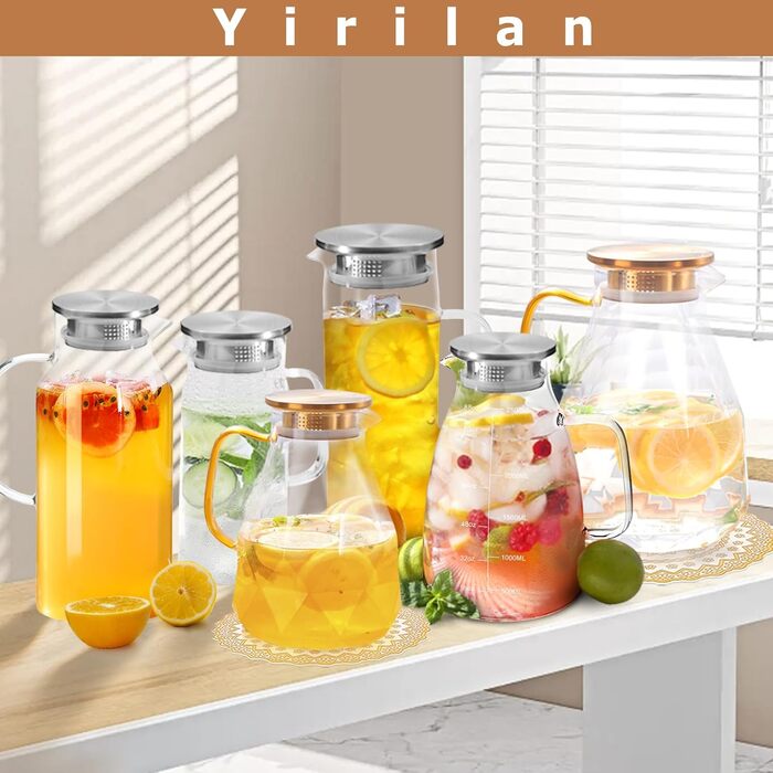 Скляна карафа Yirilan 2.2 л з кришкою, 74 унції, для води, 3 літри