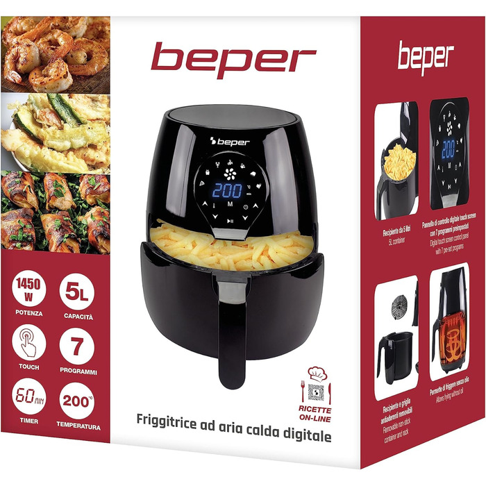 Аерофритюрниця BEPER P101FRI050, 5 л, сенсорна панель, 7 програм, без олії, 200°C, таймер 60 хв, автоматичне вимкнення, чорна