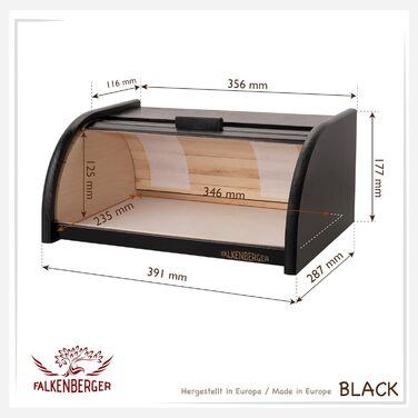 Хлібниця FALKENBERGER з дерева чорна 39x29x18 см, ручна робота, з роликовою кришкою, традиційна коробка для хліба