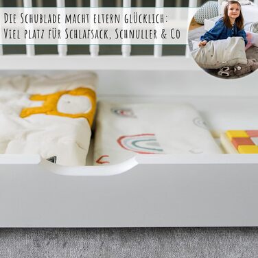 Дитяче ліжечко Kids Collective 60x120 см з матрацом і шухлядою, біле, дерев'яне, трансформер, регульоване дно, для немовлят