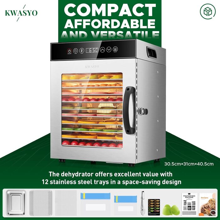 Сушарка для продуктів Kwasyo Edelstahl 750W, 12 ярусів, професійна, з таймером, регулюванням температури та захистом від перегріву + книга рецептів