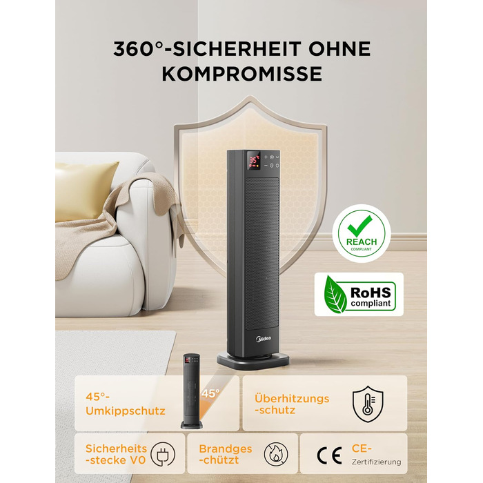 Керамічний обігрівач Midea NTH20-22GR(WH) 2000Вт з пультом, термостатом та таймером на 24г, ECO-режим, осциляція 75°, сірий