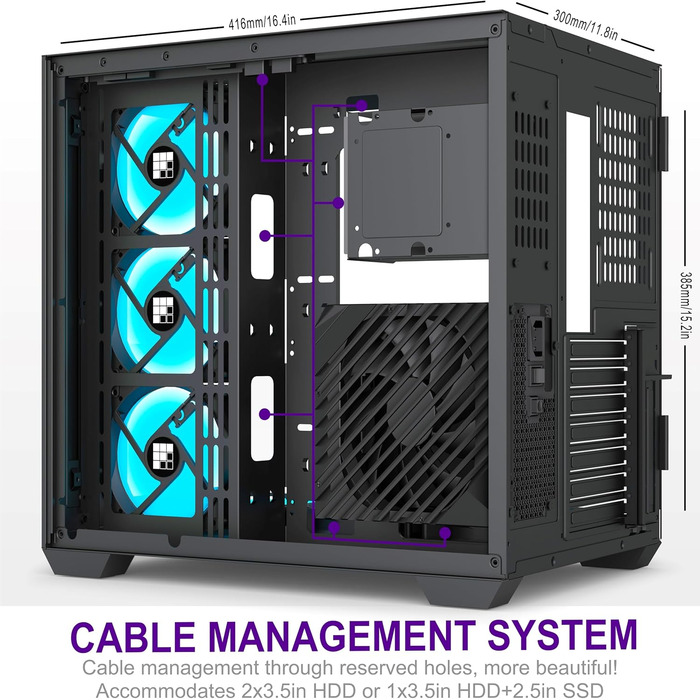 Ігровий корпус FOIFKIN M9 ATX Mid-Tower, чорний, з дерев'яною горіховою передньою панеллю, трьома встановленими PWM ARGB вентиляторами, 270° панорамним склом, Type-C