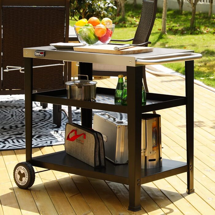 Столик Royal Gourmet PC3404S на коліщатках з контейнером для сміття, для вулиці, саду, тераси, грилю, кухні, візок для приготування їжі, 76,2 x 48,3 см, стільниця з нержавіючої сталі, сріблястий
