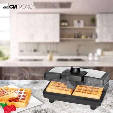 Вафельниця Clatronic WA 3606 з антипригарним покриттям, для бельгійських вафель, 2 великі робочі поверхні, регульований ступінь підсмажування