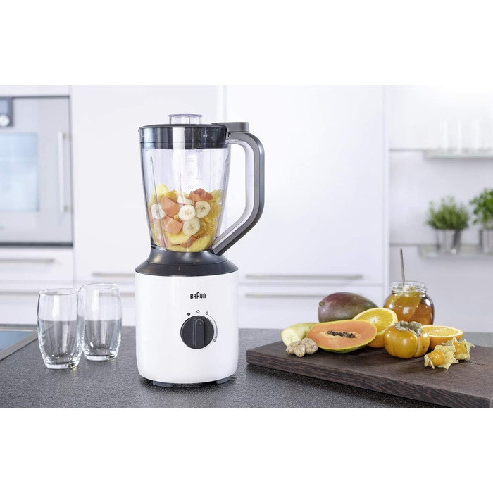Блендер Braun PowerBlend 3 JB 3150 WH, 1,5 л, 800 Вт, скляна чаша, кухонний помічник для подрібнення, пюрирування та змішування, білий
