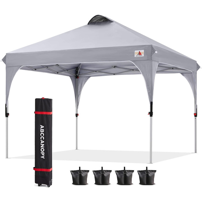 Водонепроникний павільйон ABCCANOPY 2.5x2.5 м для саду, компактний розкладний тент із сонцезахистом, комплект: роликова сумка, 4 мішки для обважнювачів, 4 мотузки, 4 кілочки, світло-сірий