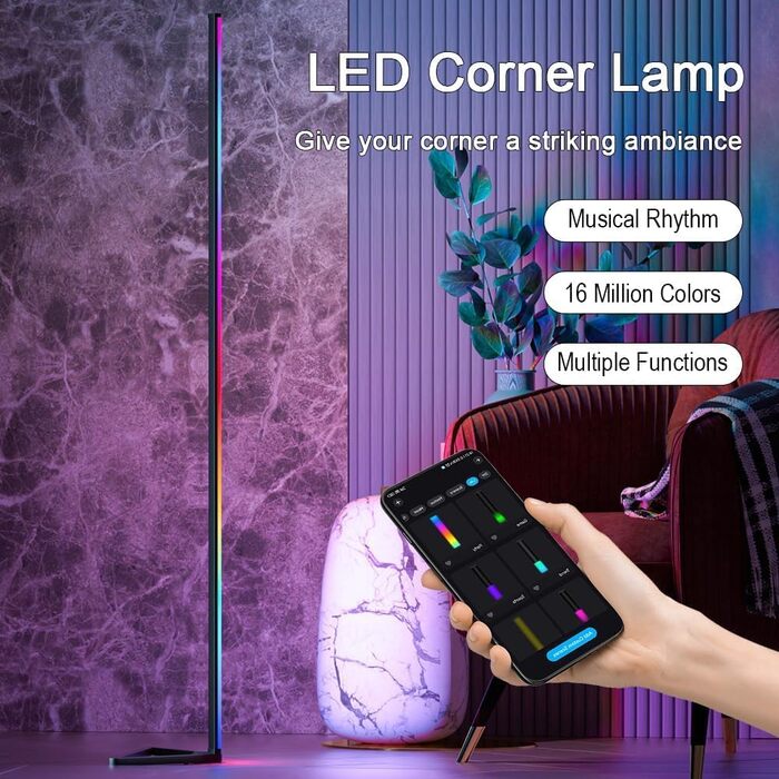 MIWATT LED торшер 143 см для вітальні, RGB, диміруємий, з пультом і додатком, 16 млн кольорів, музичний режим, таймер, чорний