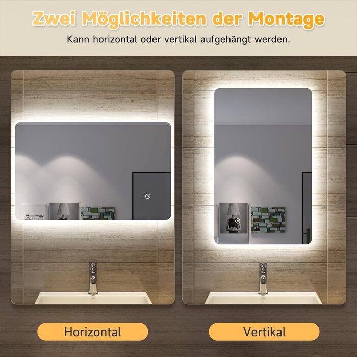 Дзеркало для ванної кімнати SONNI LED 50x70 см з LED-підсвічуванням, сенсорним керуванням, 3 кольори світла, проти запотівання та функцією пам'яті. Білий колір.