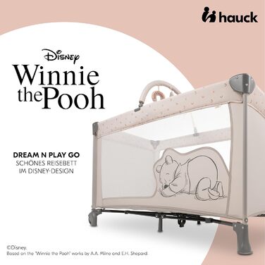 Дитяче туристичне ліжечко Hauck Dream N Play Go з дугою для іграшок, колесами та сумкою для транспортування, компактне складання, для новонароджених і дітей до 15 кг, Disney Pooh Rainbow, бежеве