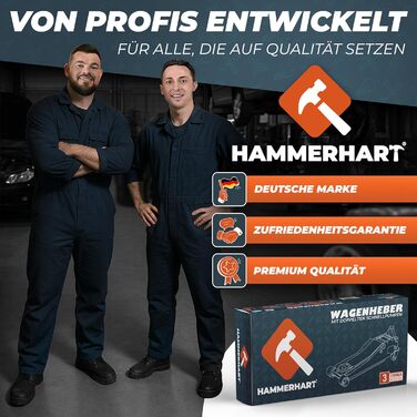 Гідравлічний домкрат HAMMERHART 3T з низьким профілем, 75-505мм, колеса 360°, подвійний поршень, гумова накладка, Т-ручка - Преміум якість
