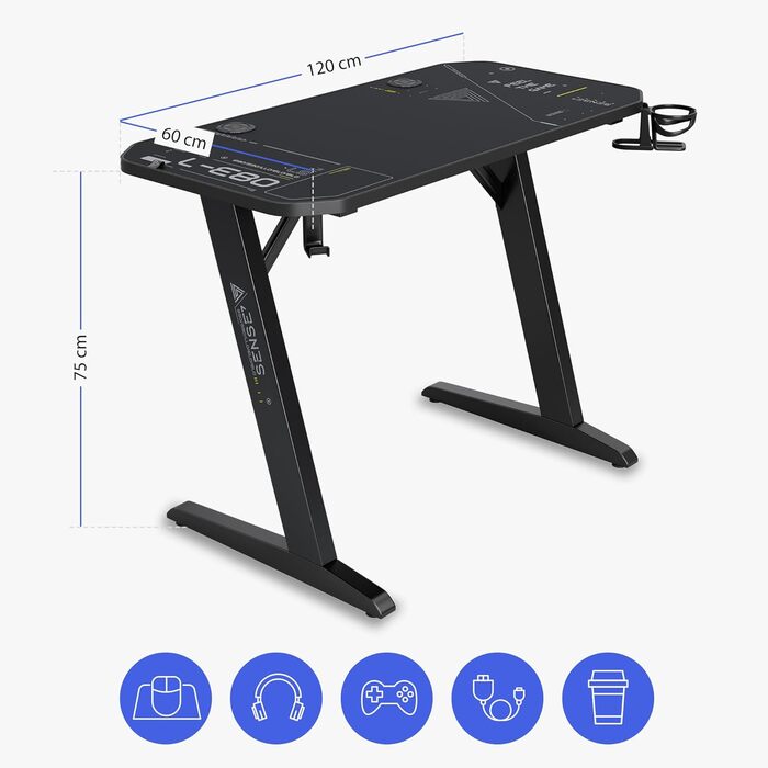 Ігровий стіл SENSE7 Nomad Cybernetic 120x60 см, комп'ютерний стіл з вуглецевим покриттям, ергономічний, з гачком для навушників, підсклянником та тримачем для контролера