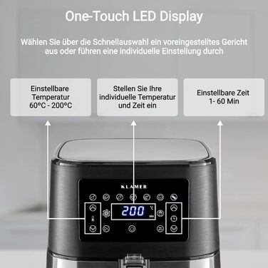 Аерофритюрниця KLAMER 5,5 л XXL, без олії, 1700 Вт, з LED-екраном, цифровою панеллю, німецькою кулінарною книгою, багатофункціональна, з нержавіючої сталі