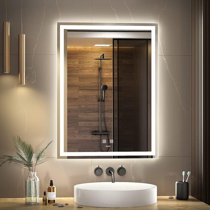 Дзеркало для ванної кімнати LED з підсвічуванням, 90x60 см, Anti-Fog, IP44, вертикальне/горизонтальне