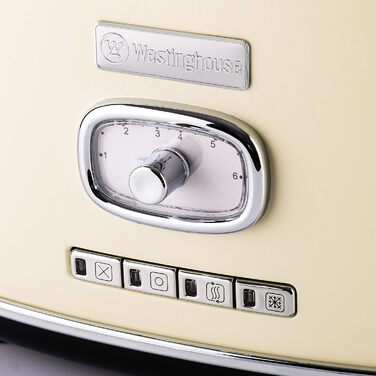 Тостер Westinghouse Retro на 2 тостa, знімна решітка для булочок, 6 режимів підсмажування, центрування хліба, функції розморожування, підігріву і зупинки, індикатор, висувний піддон для крихт, білий, WETW2
