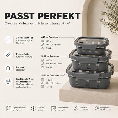Набір скляних контейнерів для їжі Meal Prep Graciosa (3 шт), герметичні з кришками, об'ємом 640 мл, 1020 мл та 1520 мл