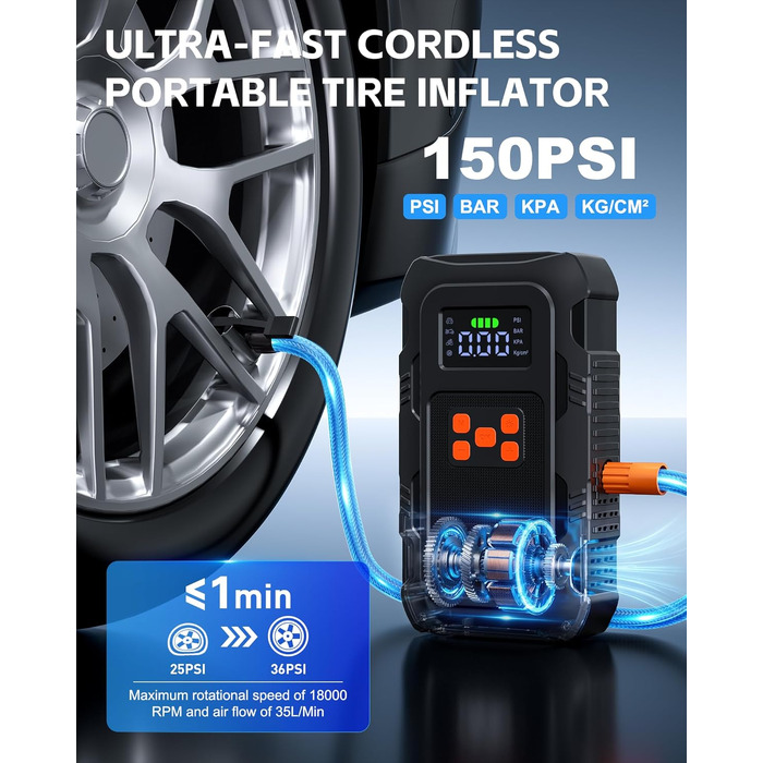 Пусковий інвертор Povasee 6000A з компресором 150 PSI та Powerbank, бустер для авто 12V з електричним насосом та ліхтариком (Помаранчевий/Чорний)