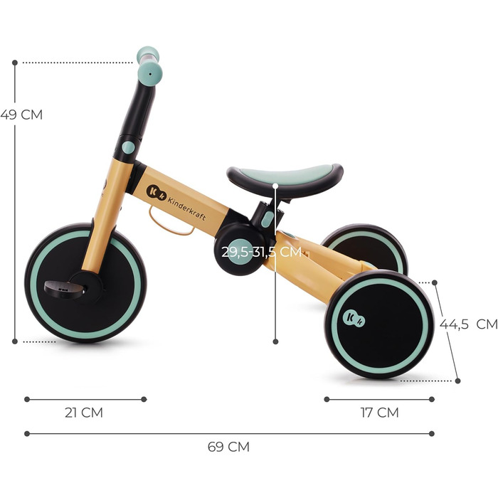 Триколісний велосипед Kinderkraft 4TRIKE 3в1: бігобіл, самокат, велосипед, складаний, для дітей від 12 місяців до 5 років (жовто-блакитний)