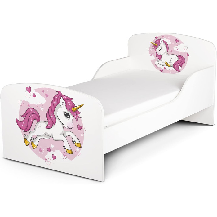 Дерев'яне ліжко Leomark Lovely Unicorn для дітей з матрацом, бортиками та ламелями, 70/140 см, з УФ-друком
