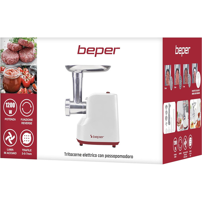 Електрична м’ясорубка та томатопресс BEPER P102ROB200, 1200 Вт, нержавіюча сталь, насадки