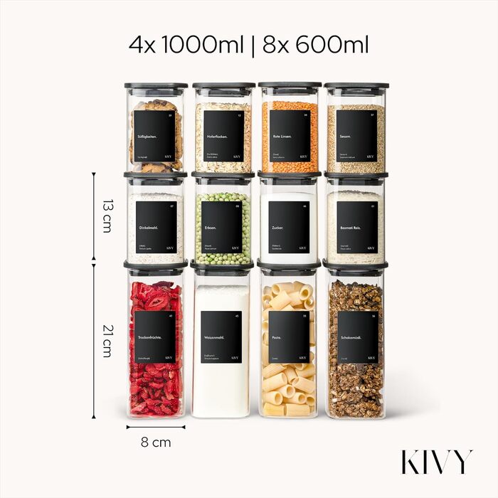Набір скляних герметичних контейнерів для зберігання продуктів KIVY, квадратні, з кришками та етикетками, чорні, 12 шт.