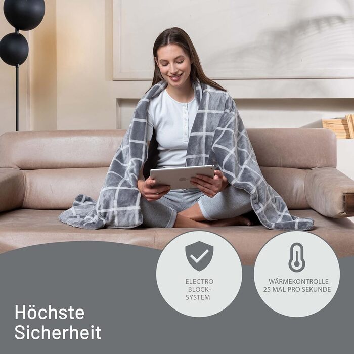 Електрична плед-грілка Imetec Adapto Velvet Square 150x95 см, м'яка, безпечна, 6 режимів, швидкий нагрів, низьке споживання, прана, технологія Adapto