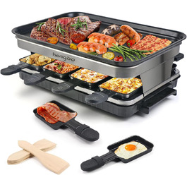 Електричний гриль для фондю Raclette на 8 осіб з антипригарним покриттям, 1500W, з 8 міні-сковорідками та 4 дерев'яними шпателями, регульована температура, нержавіюча сталь 44 x 30 x 16 см