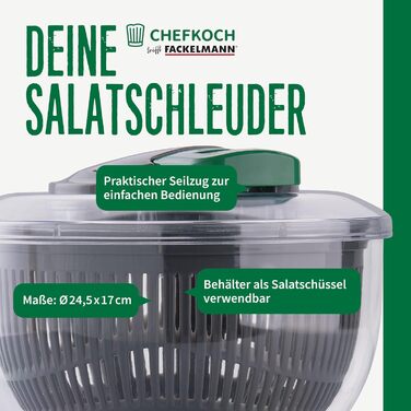 Сушарка для салату з мотузковим механізмом Fackelmann Chefkoch, з кнопкою зупинки, для легкого миття, сушіння та сервірування, знімне сито