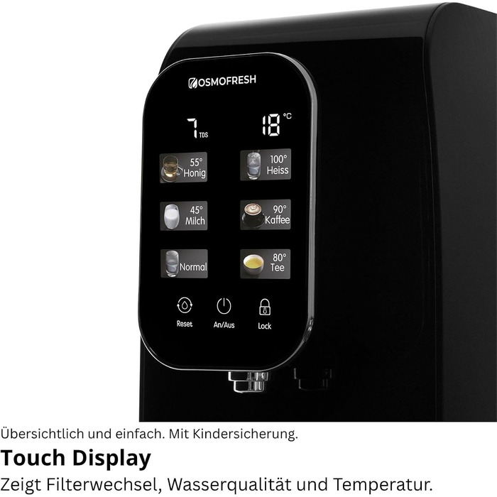 Система зворотного осмосу OsmoFresh Quella Life BLACK EDITION з 6 рівнями температури (15-100°C), мобільна, без підключення до водопроводу, 5-ступенева фільтрація, фільтр для питної води без солей