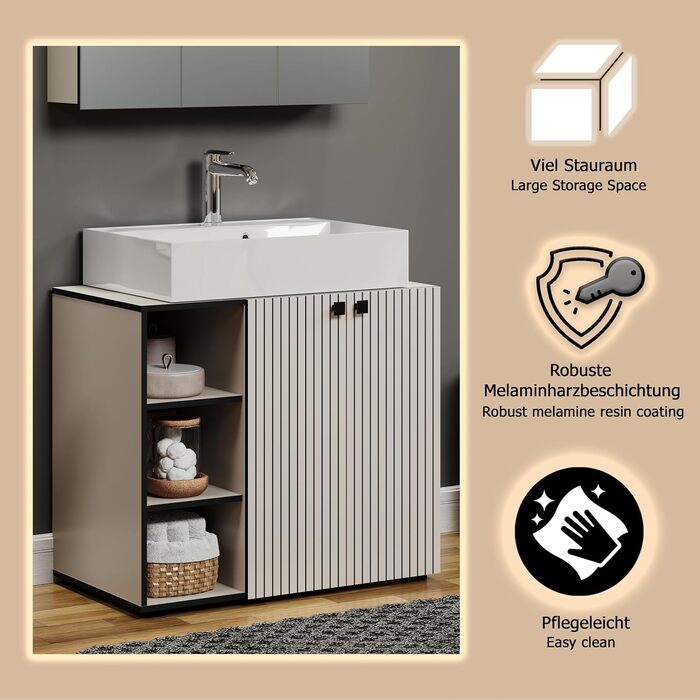 Тумба під раковину на колесах PureBliss від trendteam smart living, 80x64x42 см, з 2 відкритими полицями та вставною дошкою, стійка до подряпин, світло-сірий кашемір