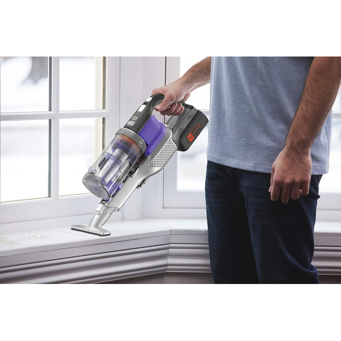 Акумуляторний пилосос BLACK+DECKER 4в1 для дому та тварин, 36В, 2.0А·год, без мішка, з електрощіткою для шерсті, 2в1 щілинна насадка, настінне кріплення, сріблясто-фіолетовий