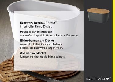 Хлібниця ECHTWERK FRESH, чорна, з кришкою та дошкою з акації, для зберігання до 1 кг хліба, 37x22x17 см