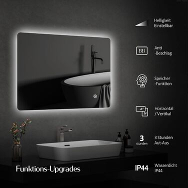 Дзеркало для ванної кімнати EMKE з підсвічуванням 80x60 см, сенсорне, проти запотівання, регулювання яскравості, функція пам'яті, холодний білий 6500K, енергозберігаюче