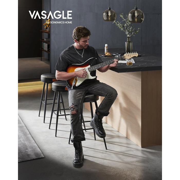Барний стілець VASAGLE EKHO, 2 шт, 360° оберт, 76 см, штучна шкіра, без спинки, чорний, для кухні і бару, стиль Мід-Сенчурі