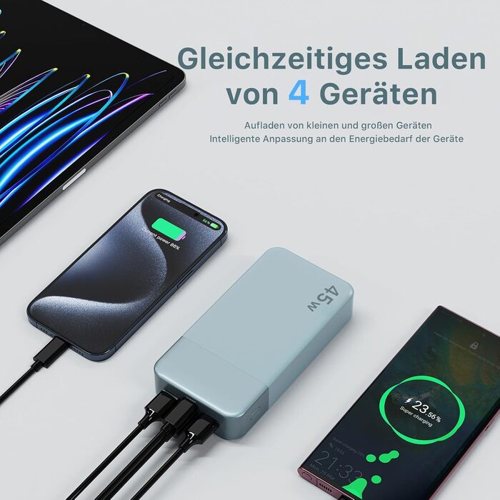 Power Bank Nobis 20000mAh, 45W з кабелем USB-C, Digital Display, для Android, Laptop, Phone (Блакитний)