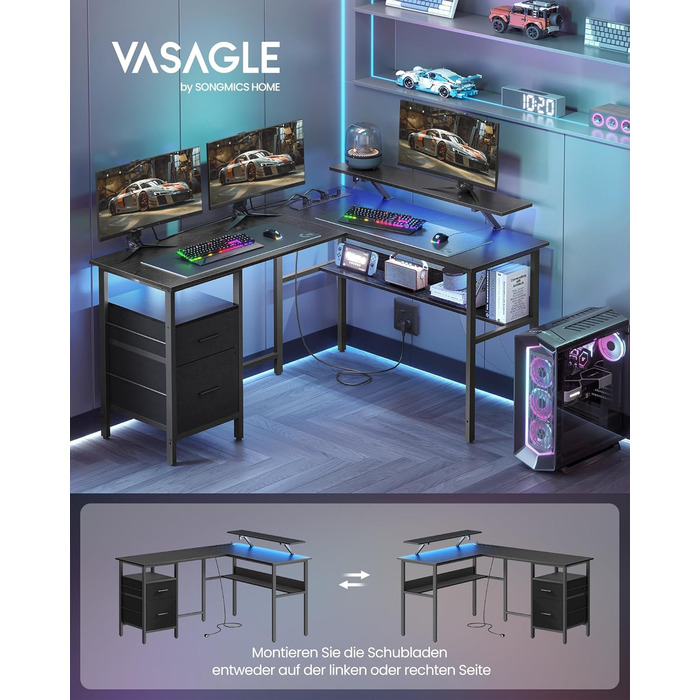 Комп'ютерний стіл VASAGLE L-подібний з розетками, LED-підсвічуванням та USB-портами, 150 x 120 x 76 см, чорний, LWD095B01