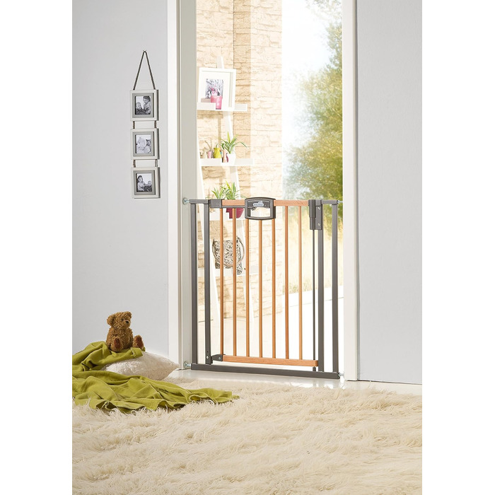 Захисний бар'єр на двері Geuther Easylock Plus для сходів 80,5-88,5 см. Дерев'яно-металевий бар'єр для дітей без свердління, двосторонній, колір: натуральний/антрацит