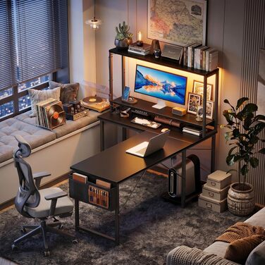 Ігровий кутовий стіл ODK Gaming з LED-підсвіткою, полицею-дисплеєм та розеткою, 135×100 см, чорний