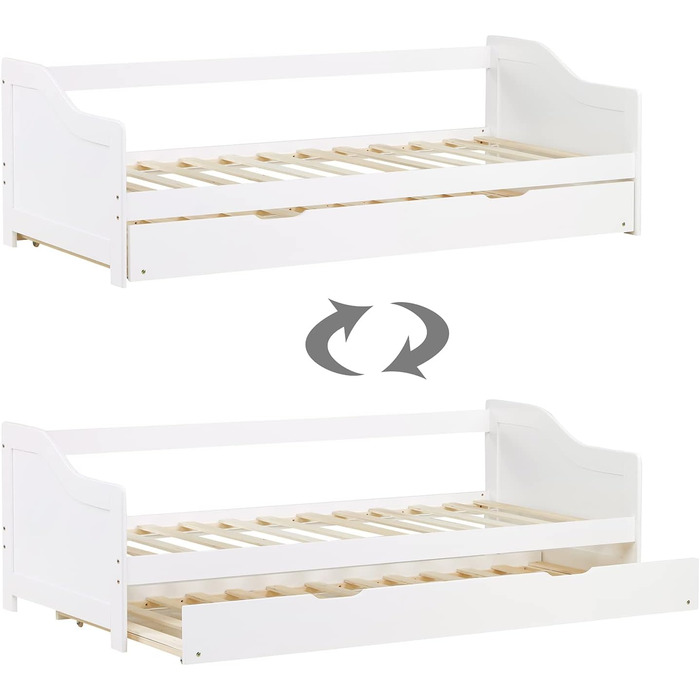 Висувне ліжко Homestyle4u 90x200 з ящиком для зберігання, з ламелями, для дітей, з дерева (сосна), білий