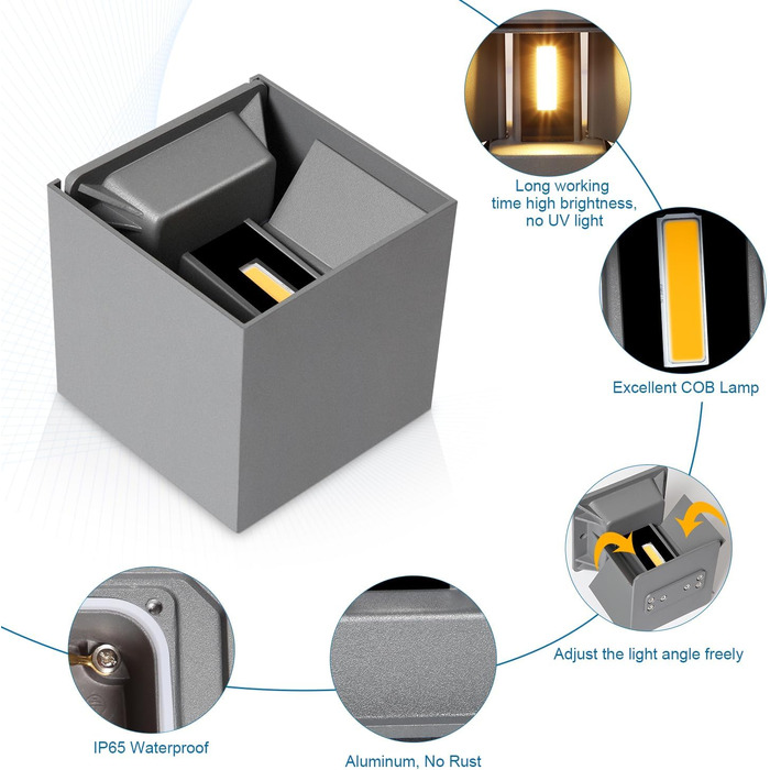 Набір настінних LED-світильників ledmo (8 шт), 12W, тепле біле світло 2700-3000K, чорний матовий, IP65 вологозахищені, з регулюванням напрямку світла (вгору/вниз), для дому та вулиці