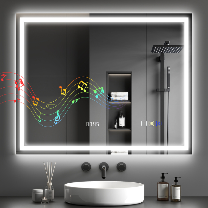 Дзеркало для ванної кімнати з LED-підсвічуванням, Bluetooth, 80 x 100 см, сенсорне керування, регульоване освітлення (3 кольори), антизапарювання, функція пам'яті, сріблястого кольору.