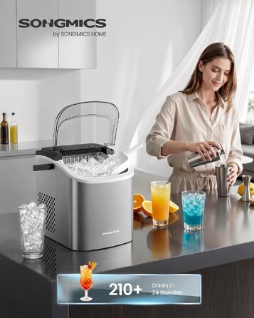 Апарата для льоду SONGMICS XZB001B1EU (Сріблястий): Швидке виробництво 9 кубиків за 6 хвилин, 12 кг/24 год, портативна, для дому, вечірок, кемпінгу