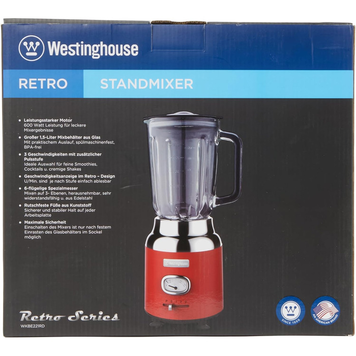 Кухонний блендер Westinghouse Retro, 1.5 л, скляна чаша, 600 Вт, 3 швидкості, імпульсний режим, 6-лезове ножі, нержавіюча сталь, BPA free, червоний