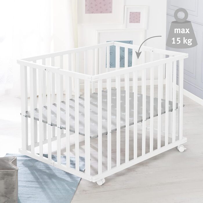 Дитячий манеж roba складаний, білий, дерево, з матрацом Little Stars, 74x100 см, компактний, на колесах