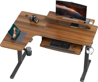 Електричний кутовий стіл для геймінгу EUREKA ERGONOMIC 155x110 см, з регулюванням висоти, клавіатурною полицею, LED-підставкою для монітора, лівий, колір горіх