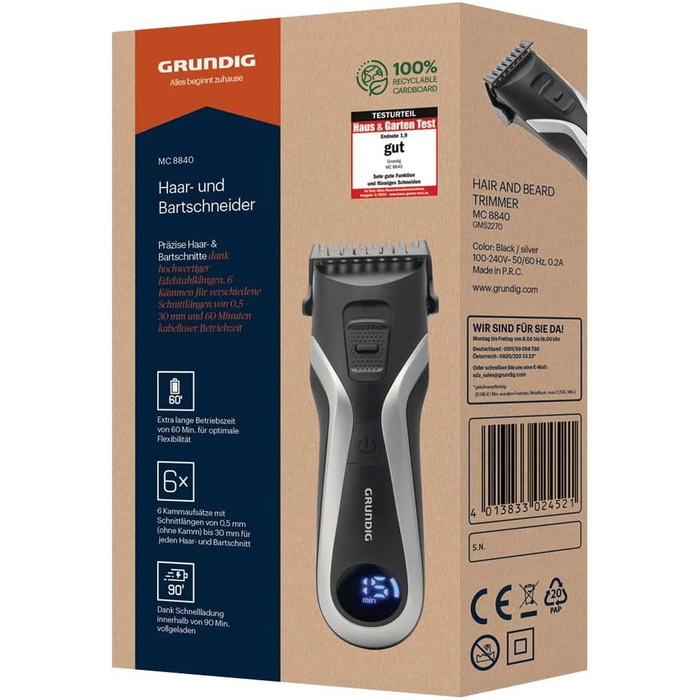 Машинка для стрижки волосся та бороди Grundig MC 8840, акумулятор/мережа, довжина зрізу до 18 мм